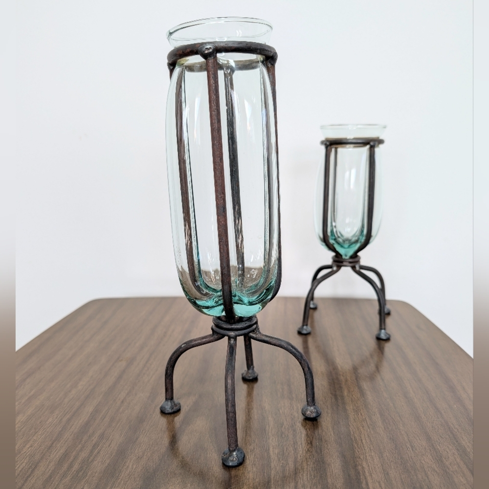 Pair Of Blown Caged Glass & Wrought Iron Metal Footed Vases Industrial Brutalist - Picture 8 of 14